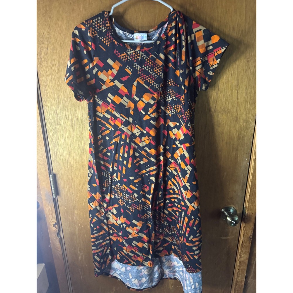 LuLaRoe Carly Dress Small Womens Short Sleeve Geometric Abstract High Low Black
